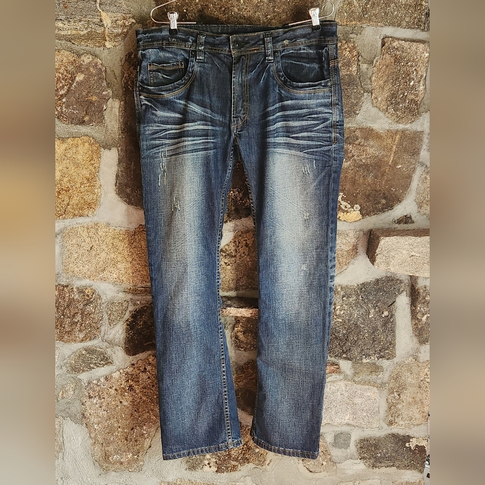 Buffalo David Bitton Jeans Mens 34x32 Blue Denim Stew Straight  Slight Distress